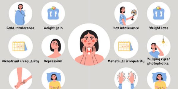 thyriod Hypothyroidism and hyperthyroidism symptoms. Thyroid gland problem with endocrinology system, hormone production. Infografic with woman character. Flat vector medical illustration.